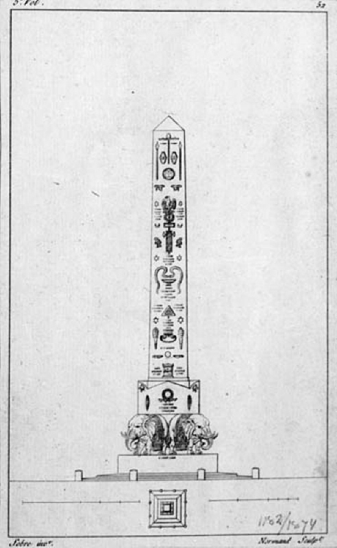 Obelisk uppburen av två elefanter. Ingår i "Architecture de différents Maîtres"