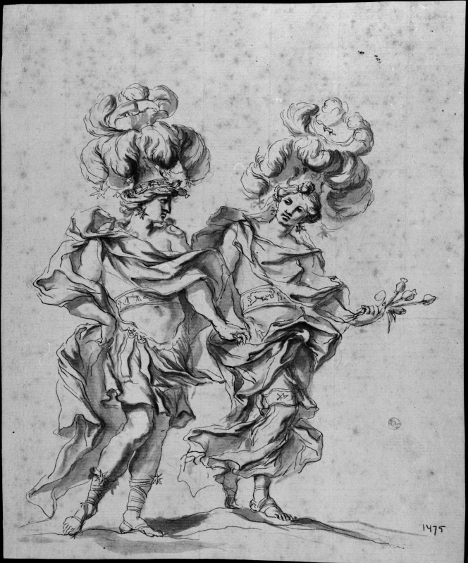 Two processional figures: the zodiacal constellations Libra (the Scales) and Aries (the Ram)