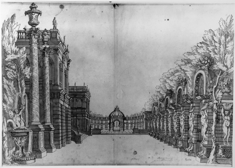 Decor for theatre; architecture, entrance to a palace to the left and a pergola carried by satyrs to the right