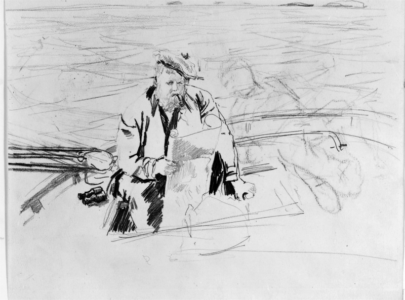 Konstnären Fritz Thaulow vid rodret i en segelbåt