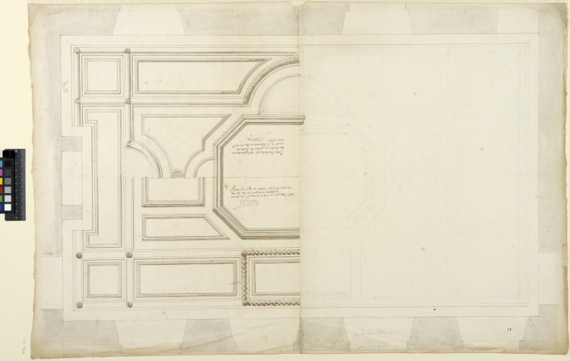 The Tuileries, Paris. Halved room plans and ceiling decorations for the king's antechamber and the Salle des Gardes