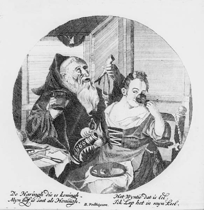 Munk och kvinna ätande sill och drickande