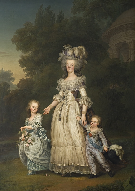 Drottning Marie Antoinette av Frankrike med två av sina barn promenerande i Trianons park