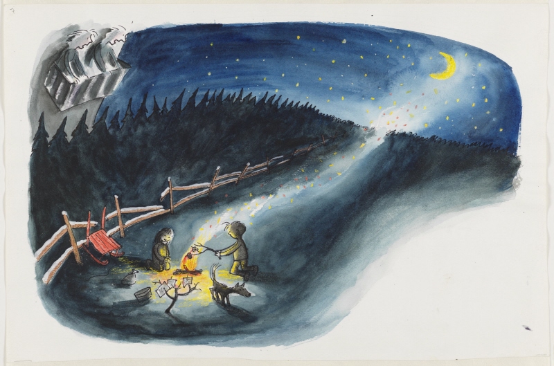 Hinken och myran grillar pepparkakor vid elden. Illustration till Thomas Tidholms "Resan till Ugri-la-brek"