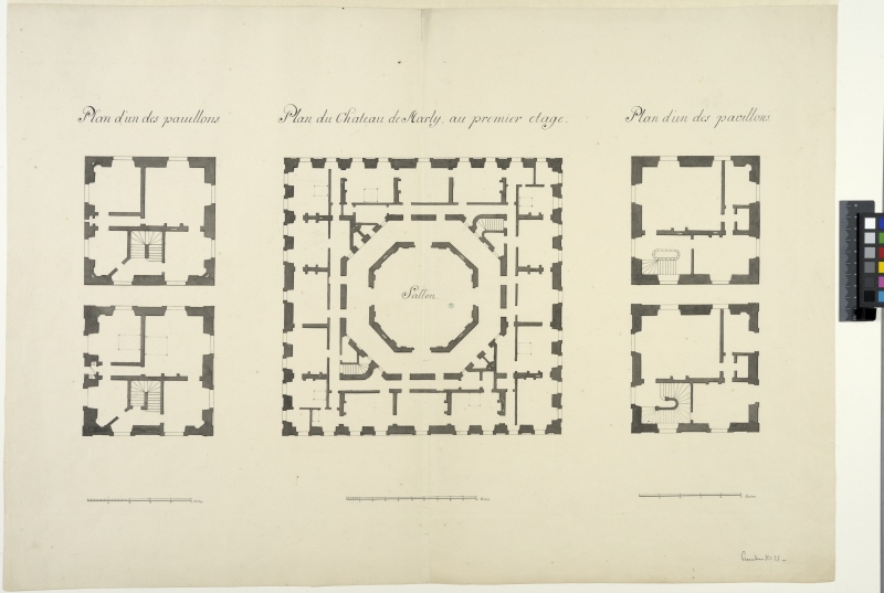 Slottet i Marly. Planer över kungliga paviljongens andra våning och två andra paviljonger