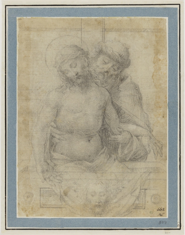 Nicodemus med Kristus i sina armar. I förgrunden Veronikas svetteduk