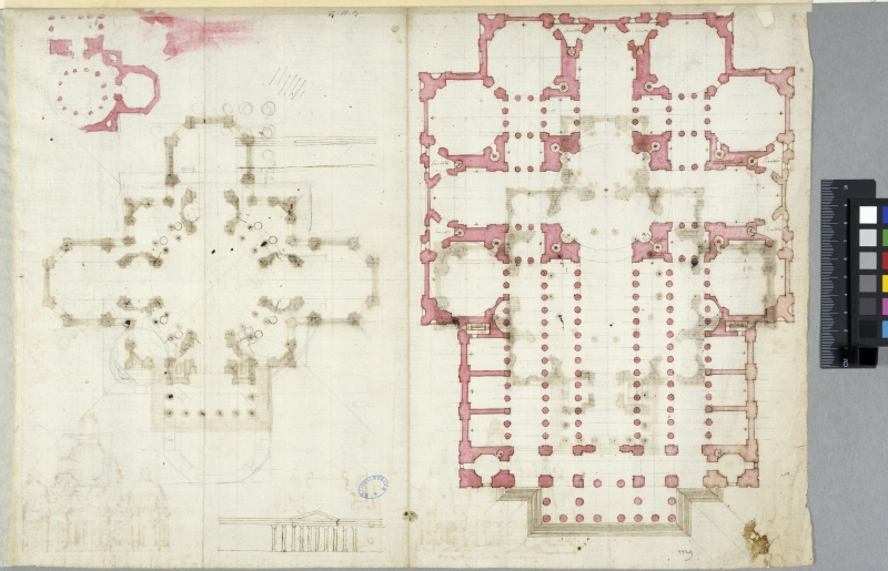 Plan of Church with Domes and Nave. Also studies for plans and elevation. THC 4430 on the back