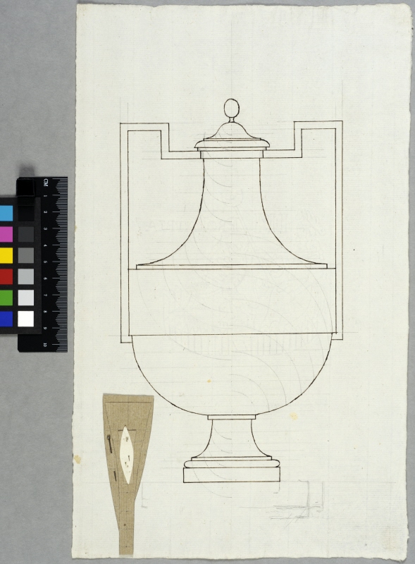 Design for a Vase with Handles Bent as Angles. Elevation with diameter curves and four cuttings of patterns