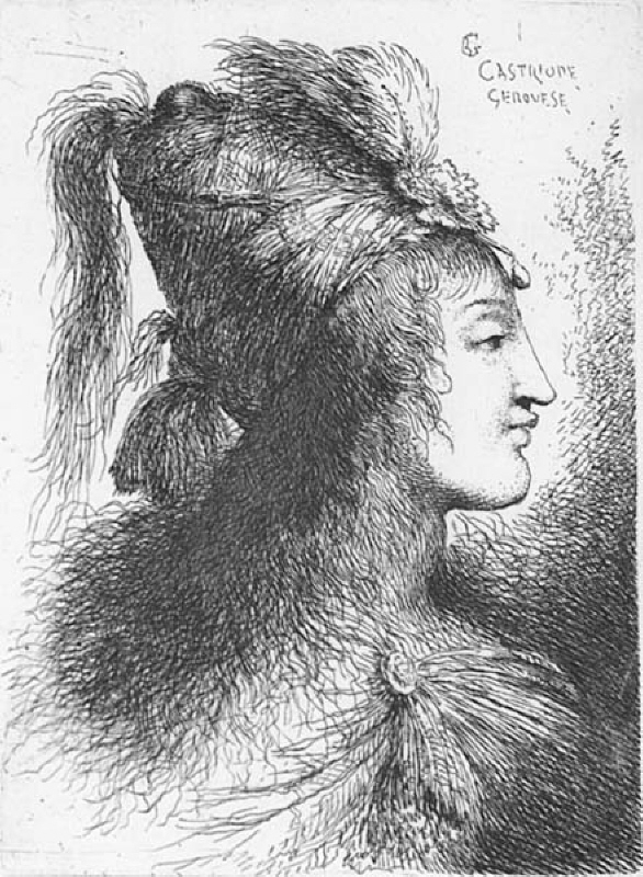 Kvinna i hög plymprydd turban. Ett blad av 16 ur Små studiehuvuden
