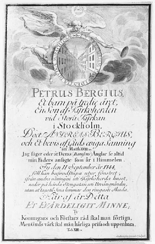 Minnesblad över ett mirakel. "Petrus Bergius, et barn på tredie året..."