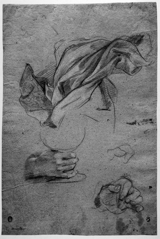 Studies of a right hand holding a chalice, of a left hand holding the host, and of the thumb and fore-finger of the left hand
