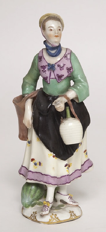 Figurin, gående flicka med toppig halmhatt