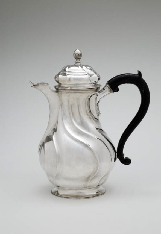 Coffee pot and cover with pear-shaped body and wooden handle