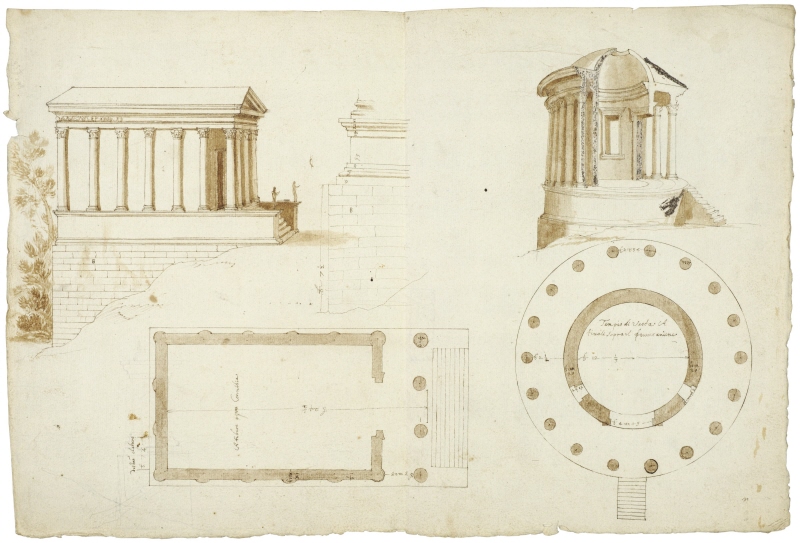 Tivoli: (a) Pseudoperipteral temple (known as being of the Sybil), perspectival elevation (upper left) and plan (lower left); detailed profile of the podium and foundation (upper centre); (b) temple of Vesta, perspectival part elevation section and part plan (right)