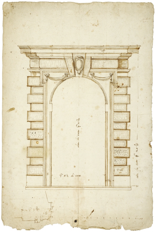 Unknown location: project for a rusticated portal, elevation and section of the left part