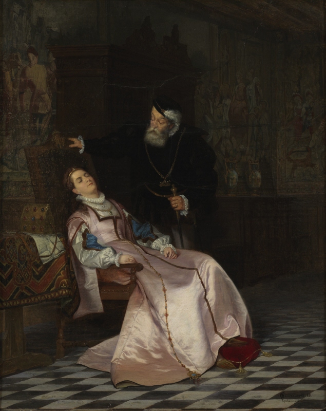 Gustav Vasa finner sin gemål Katarina Stenbock sovande och hör henne säga: "Kung Gösta håller jag mycket kär, men Rosen glömmer jag aldrig"