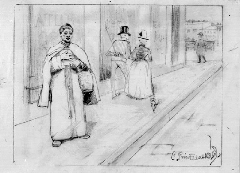 En munk och andra fotgängare på en trottoar