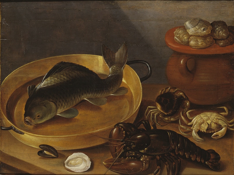 Köksstilleben med karp och skaldjur
