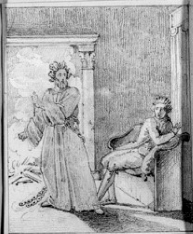 Karl med kedja, som slitit sig från ett bål, hotar sittande man med dolk