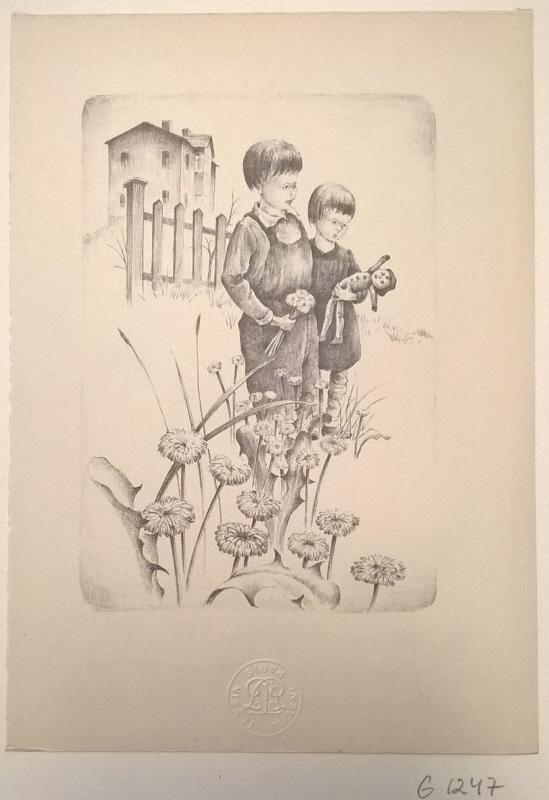 Två barn på en blommig sluttning