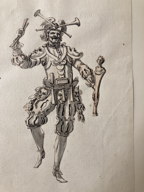 Costume proposal for masquerade, for a sculpter. For Mascarades des Cris de Paris, 1685