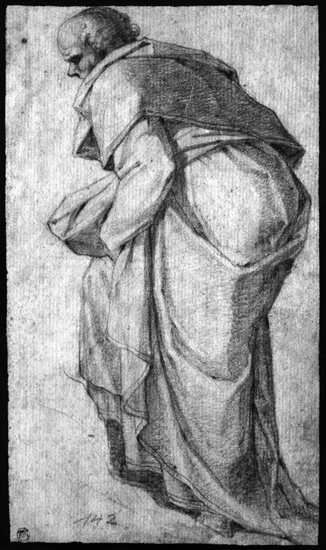 Draped figure facing left, seen from behind