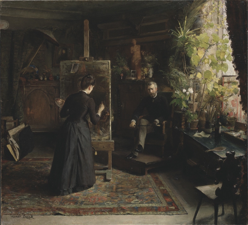 Den danska konstnären Bertha Wegmann målande ett porträtt