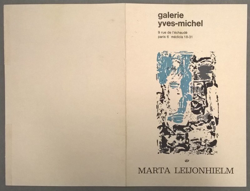 Katalog till konstnärens (?) utställning på Galerie Yves Michel, 9, rue de l'Échaudé, 20 maj-6 juni 1964