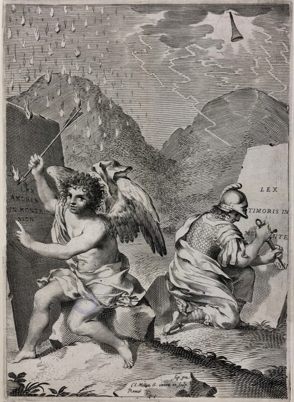 Två figurer ristar in Lex Amoris och Lex Timaris på tavlor