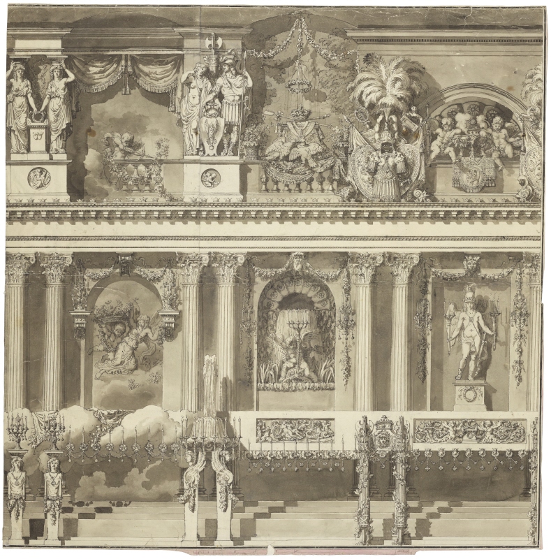 Fyra dekorationsskisser för utsmyckandet av en stor sal vid en festlighet