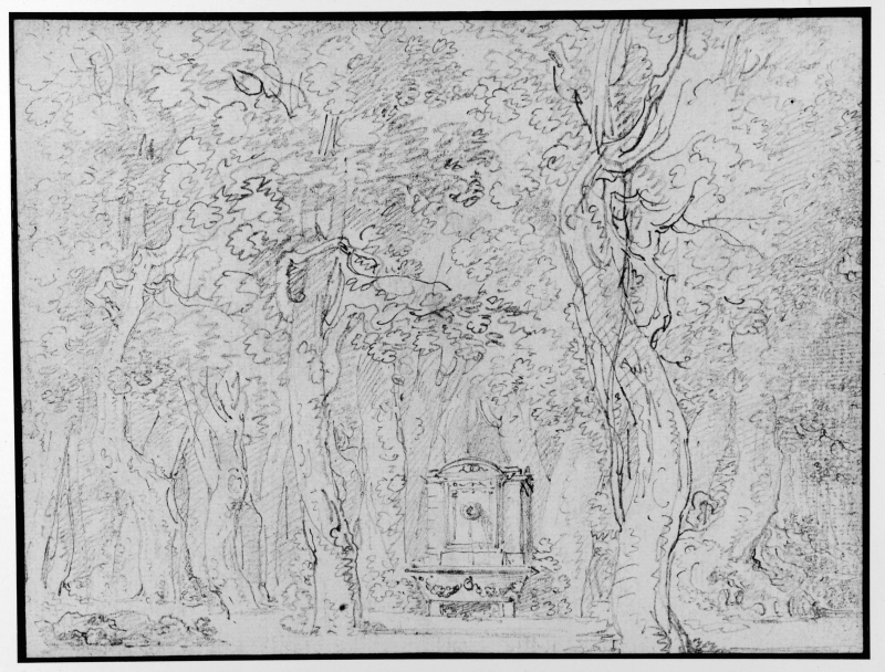 Utkast till scenbild föreställande fontän i skogsmiljö, ämnad för Piccinnis opera "Roland", akt II