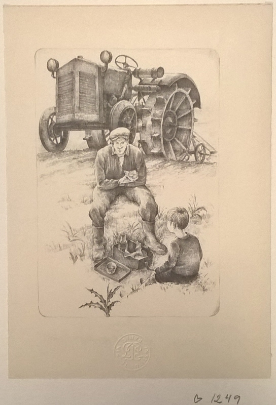 En man och en pojke äter sin måltid, en traktor i bakgrunden