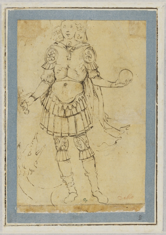 Ung man i rustning med svärd och glob i händernaVerso av NMH 6/1863