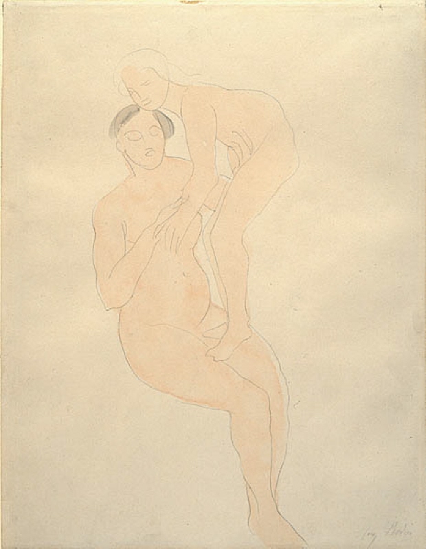 Two naked women, one standing on the other's knees