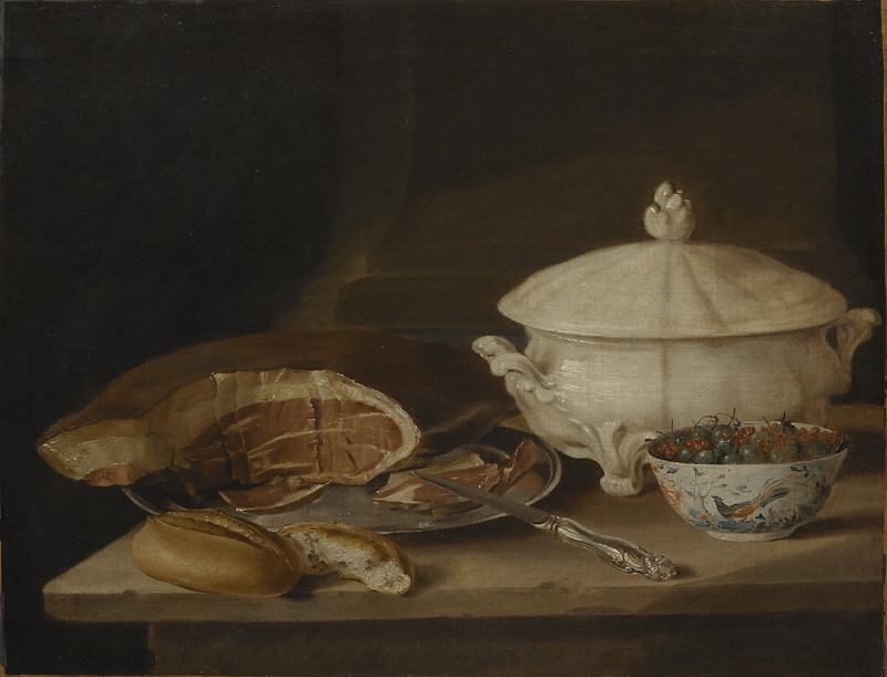 Still Life with Ham on a Pewter Dish, a Faience Set and a Bowl of Gooseberry and Currant