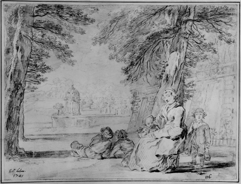 Kvinna med fyra barn sittande i en park