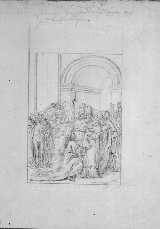 Första utkast till altarmålningen i Storkyrkan vid Gustav III:s kröning. Saul smörjes till konung af Samuel