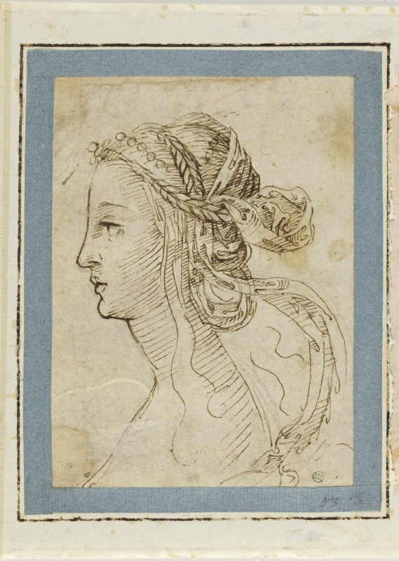 Head of woman in profile towards the left