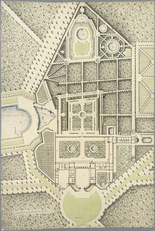 Grand Trianon med trädgårdar, plan. Med tillhörande memorial