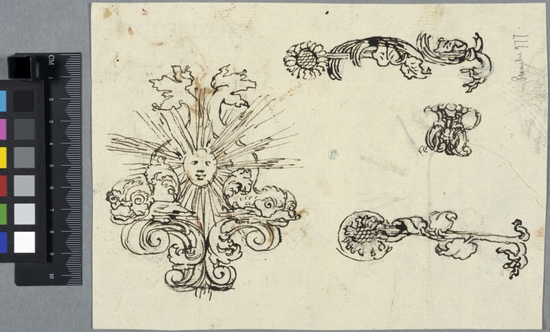 Designs for the decoration of a coach. Wheel hub, sun flower spokes and a canopy decoration with a radiant face and dolphins