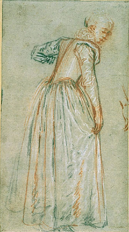 Kvinna i profil, tittande åt höger. Högra handen håller upp kjolen