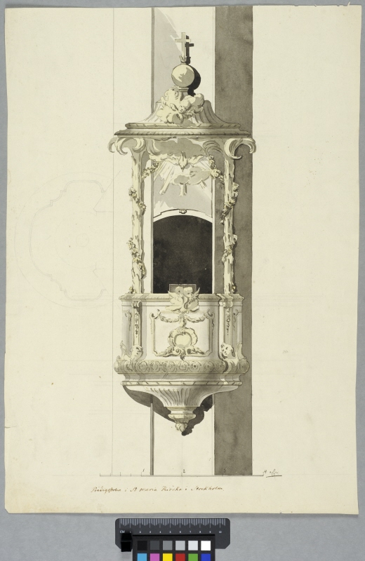 Pulpit for Maria Magdalena Church in Stockholm. Elevation and plan