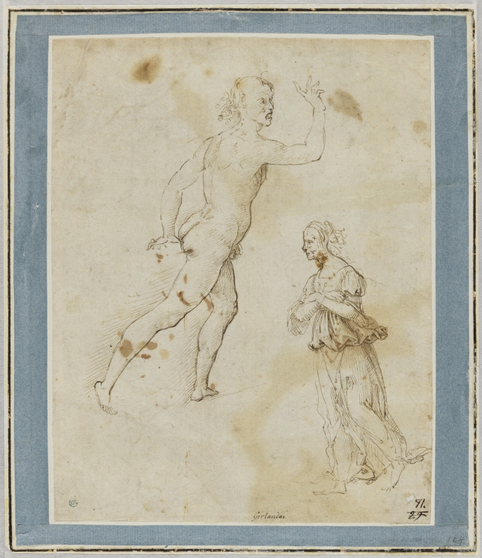 Study of a Male Nude Running and a Woman Walking with her Arms Crossed over her Breast
