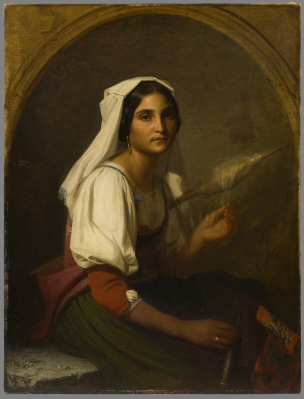 Italiensk kvinna som spinner lin