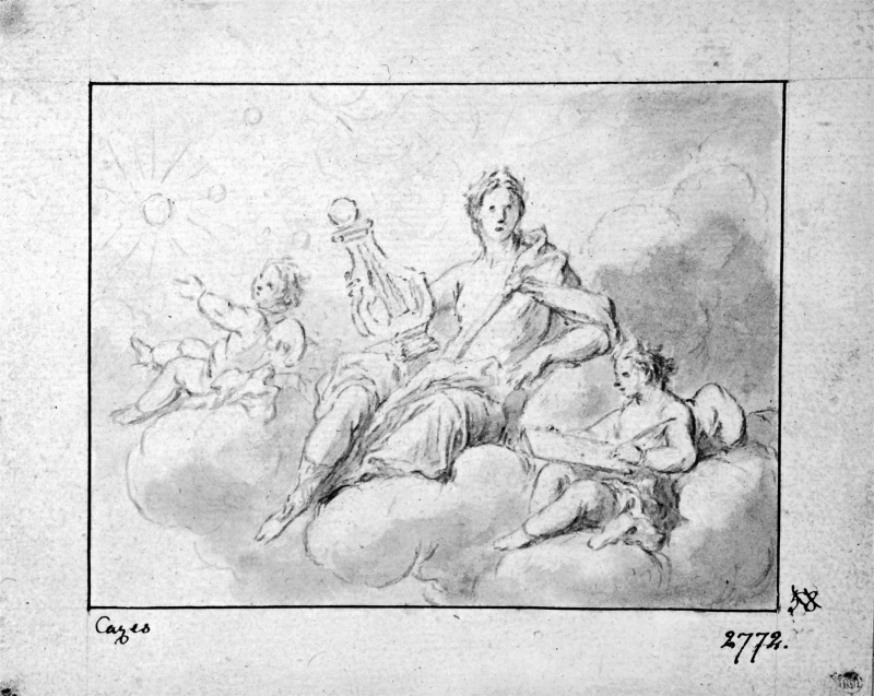Apollon, sittande med lyra i handen på moln med två små genier