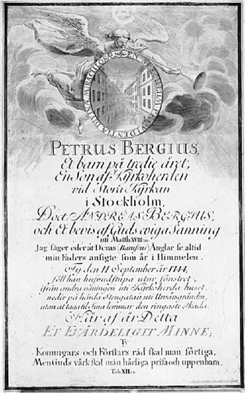 Minnesblad över ett miralkel. "Petrus Bergius, et barn på tredje året....."