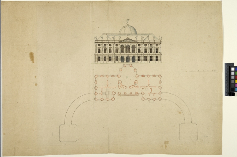 Schloss Charlottenburg (Schloss Lietzenburg). Elevation of the facade facing the court, plan of the piano nobile and wings