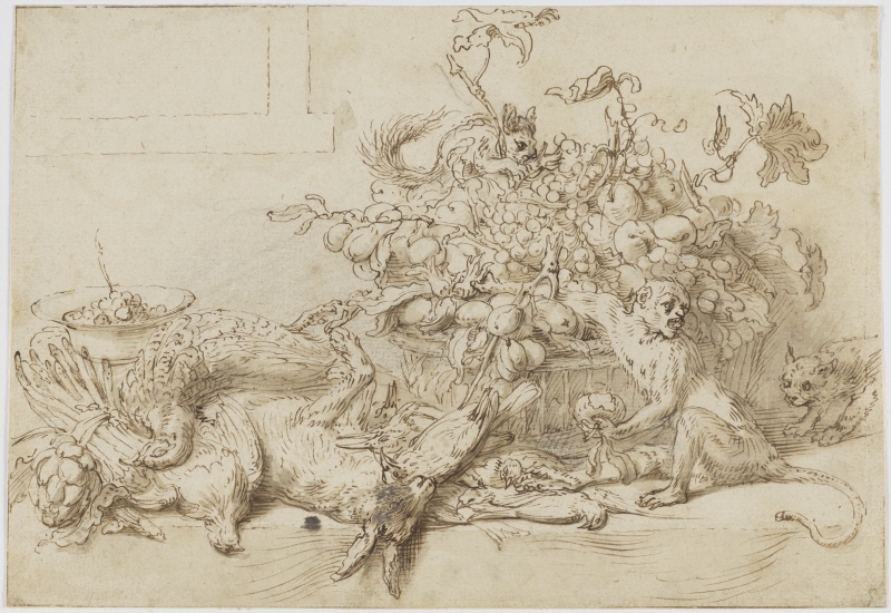 Still Life of Game, Fruit, and Vegetables, with a Monkey, a Squirrel, and a Cat