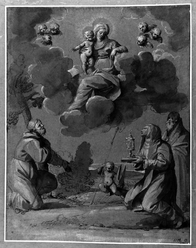 The Virgin in the sky adored by three saints: St. Francis, St. Therese and a bishop saint