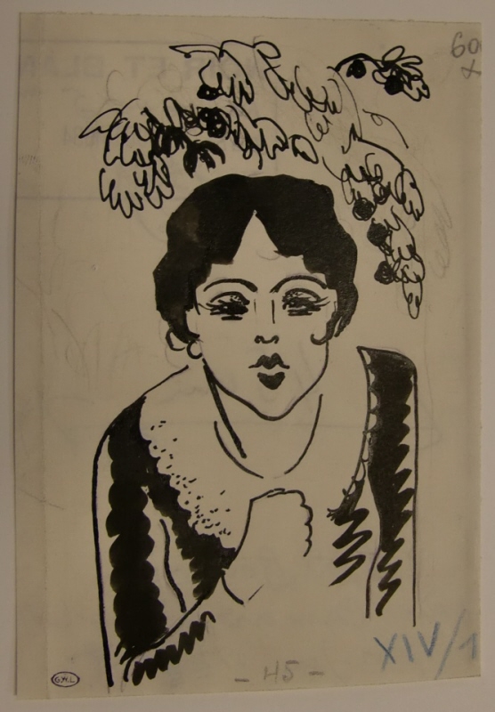 Kvinna med vit krage i grönska; verso:  illustration till "Camarade Quichotte" av Jean Martet